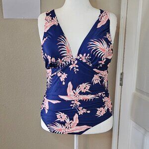 V-neck Ruched Side Tropical Print Crossback One Piece Swimsuit
